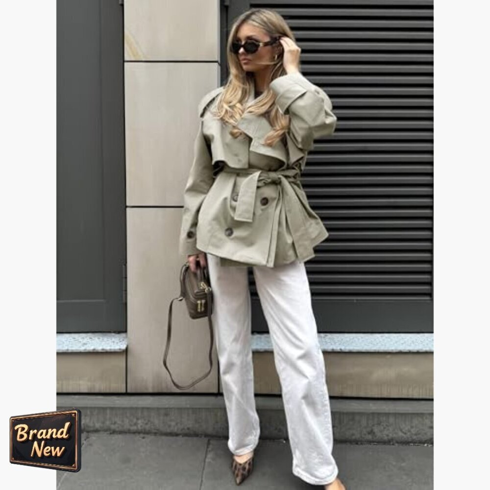 Cropped Trench Coat Women's Double Breasted Belted Jacket Cotton Mid-Length - Picture 6 of 7